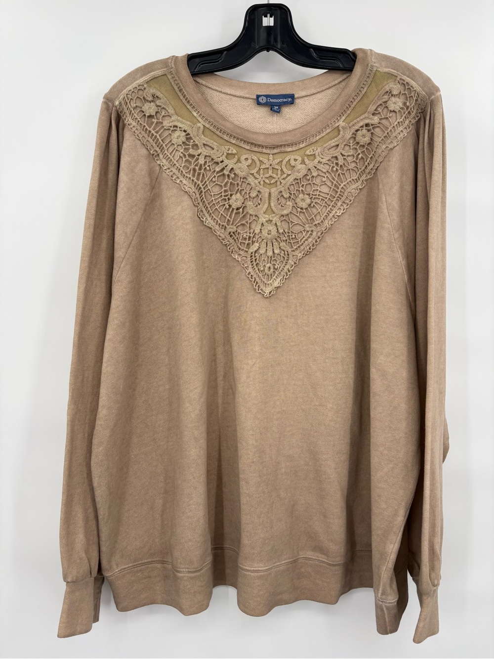 Democracy Beige Crochet Yoke Pullover Sweatshirt Size 3X